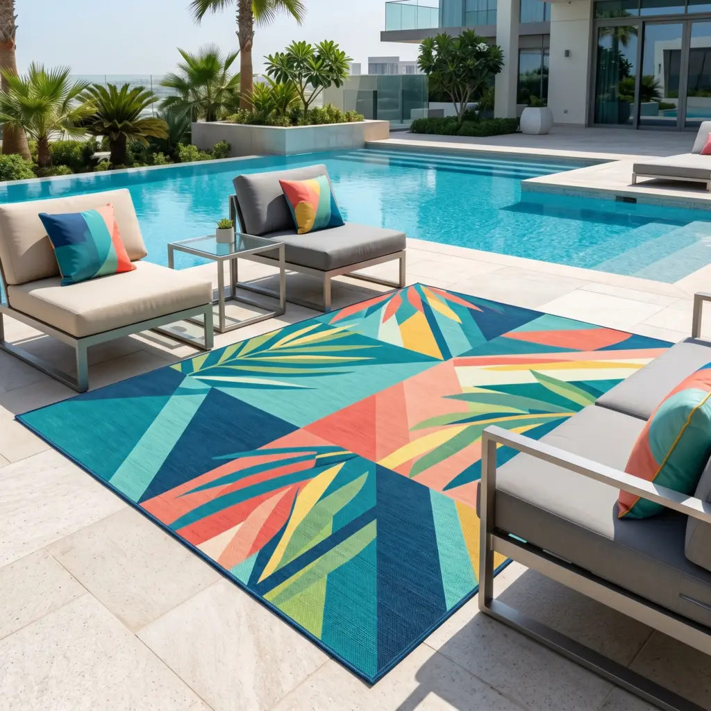 Mold resistant fibers in poolside waterproof outdoor rugs Dubai keeping decks completely safe.