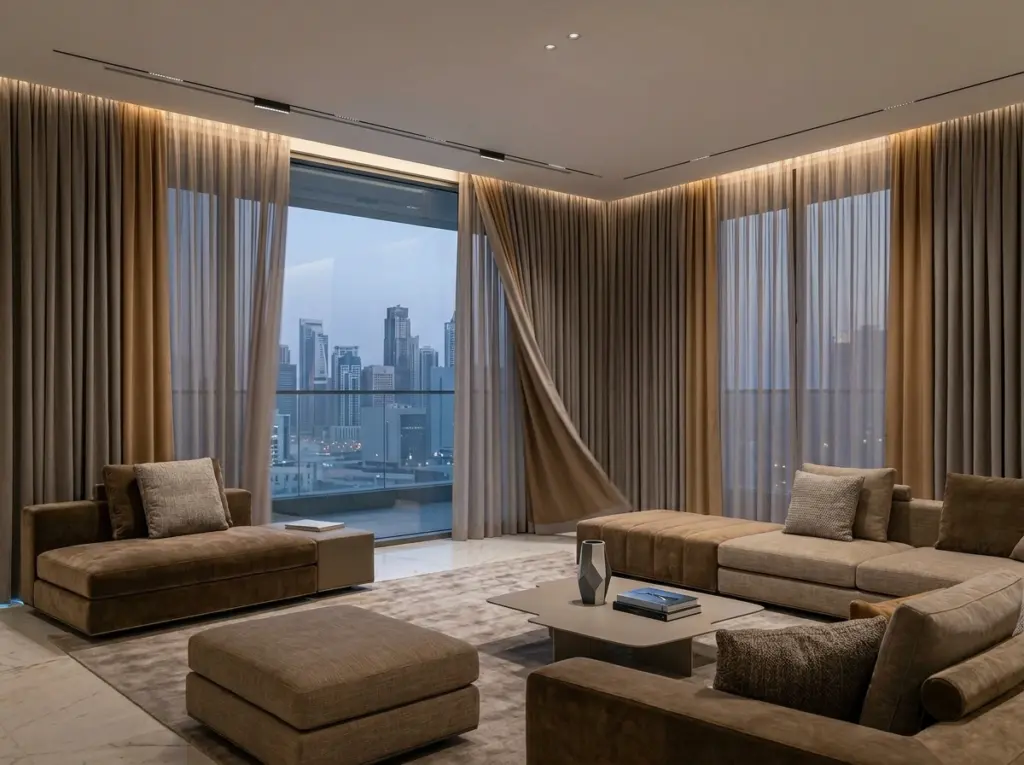 Modern luxury living space showcasing app controlled smart drapes