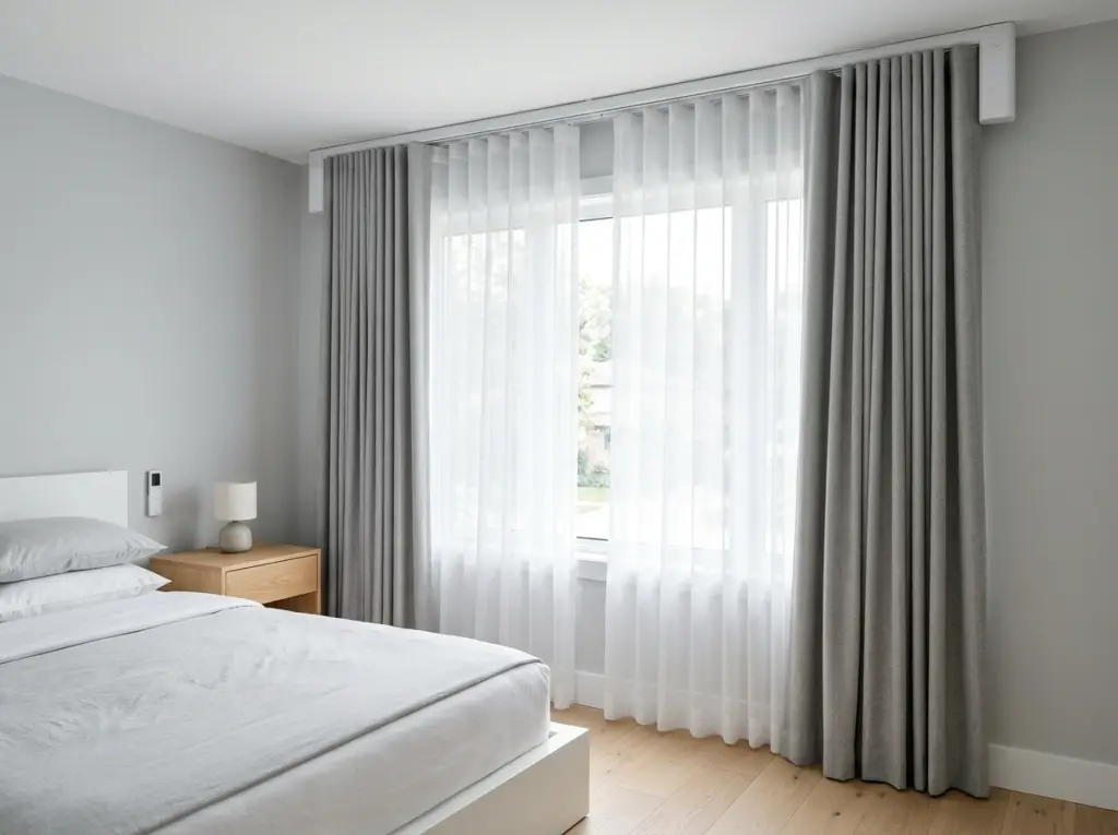 Upgraded modern bedroom featuring retrofitted battery operated curtain motors