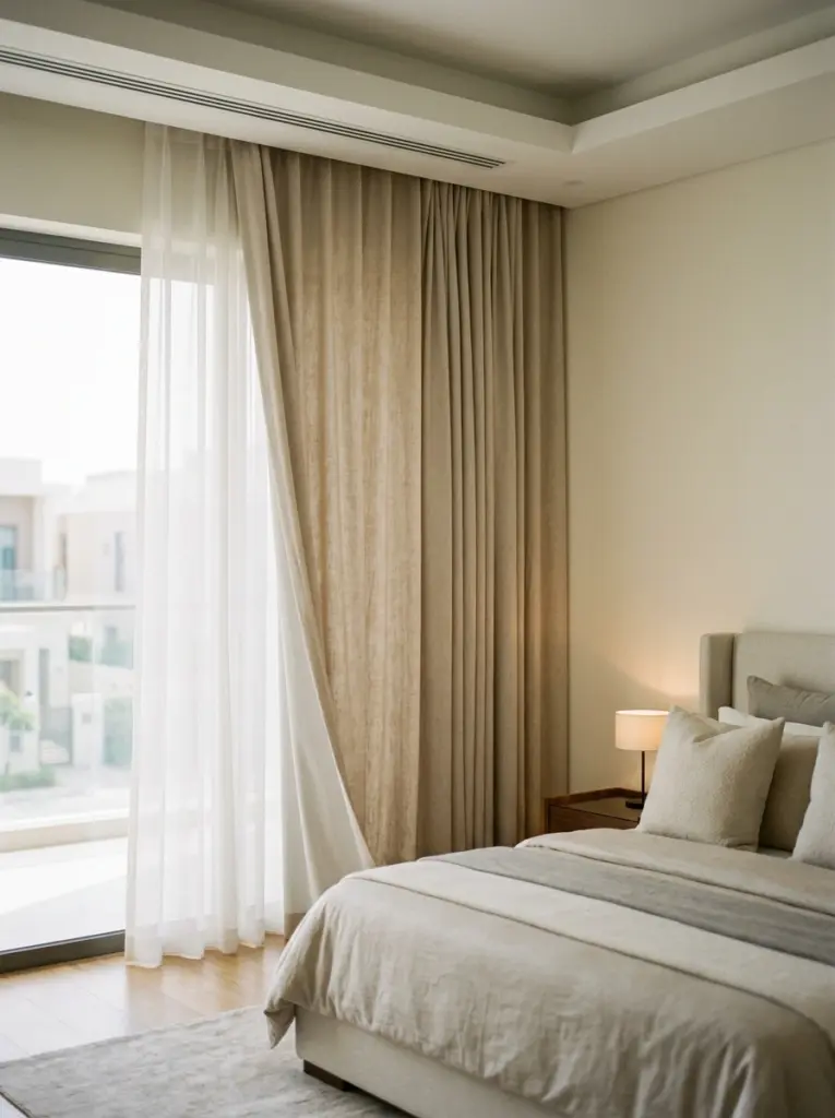 Elegant motorized curtains providing shade in a cozy modern bedroom