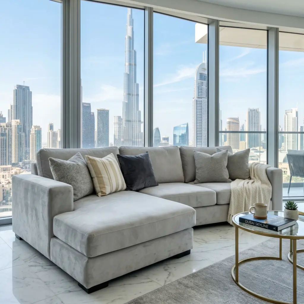 Modern modular sectional sofa in premium fabric, part of our custom furniture in Dubai collection for living rooms.