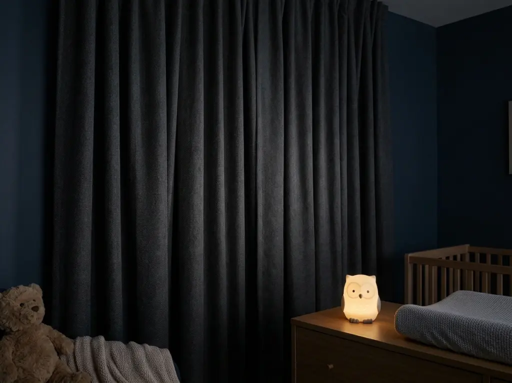 Total blackout drapes Dubai for nurseries and restful sleep environments.