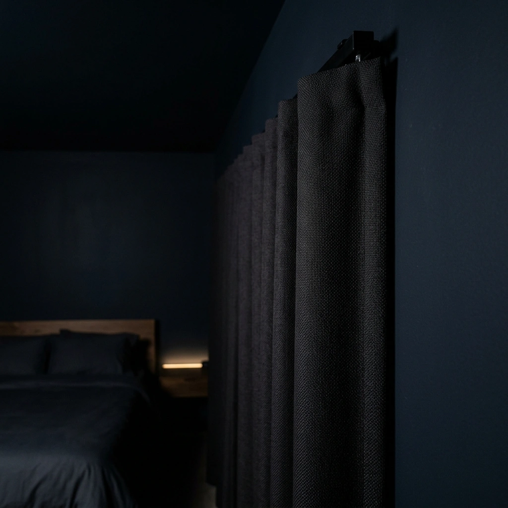 Tightly woven blackout textiles overlapping a window frame securely