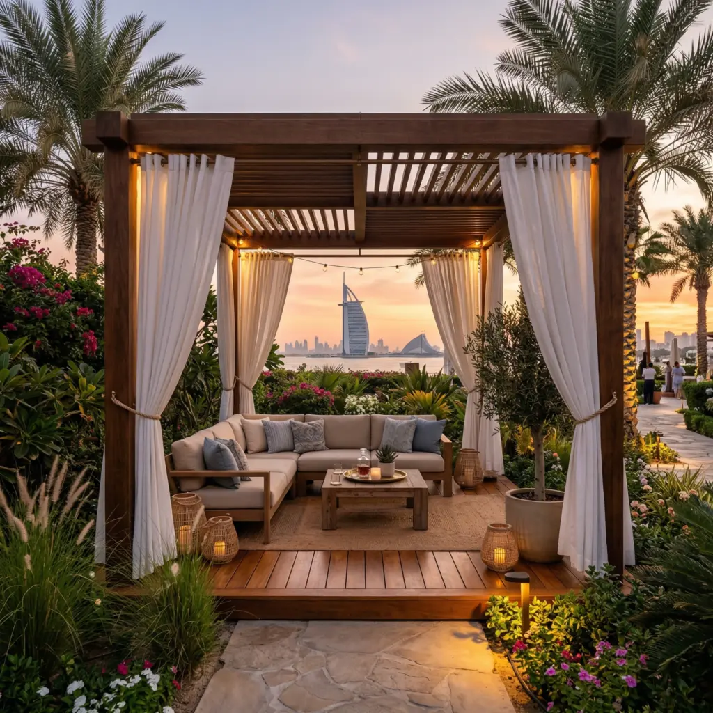 Durable wooden gazebo for outdoor landscaping, handcrafted by the best custom furniture in Dubai manufacturers.