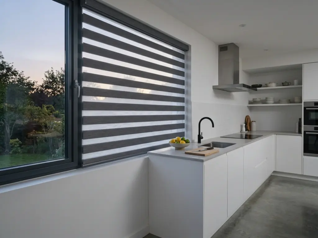 Modern kitchen with sleek day and night transition roller blinds