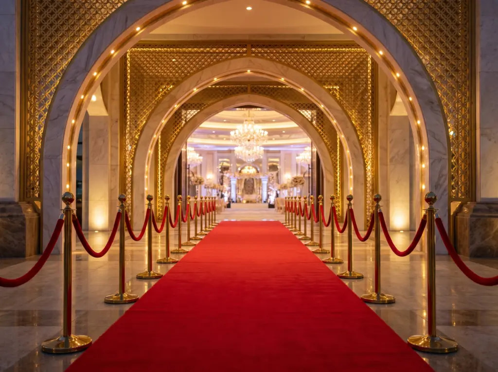 Luxurious red carpet installation for grand VIP guest welcomes at Dubai galas.