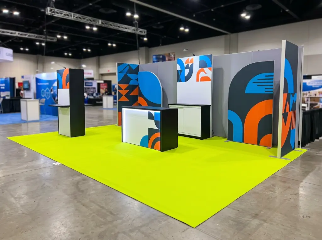 Highly vibrant flooring colors capturing immediate attention in a busy convention center.