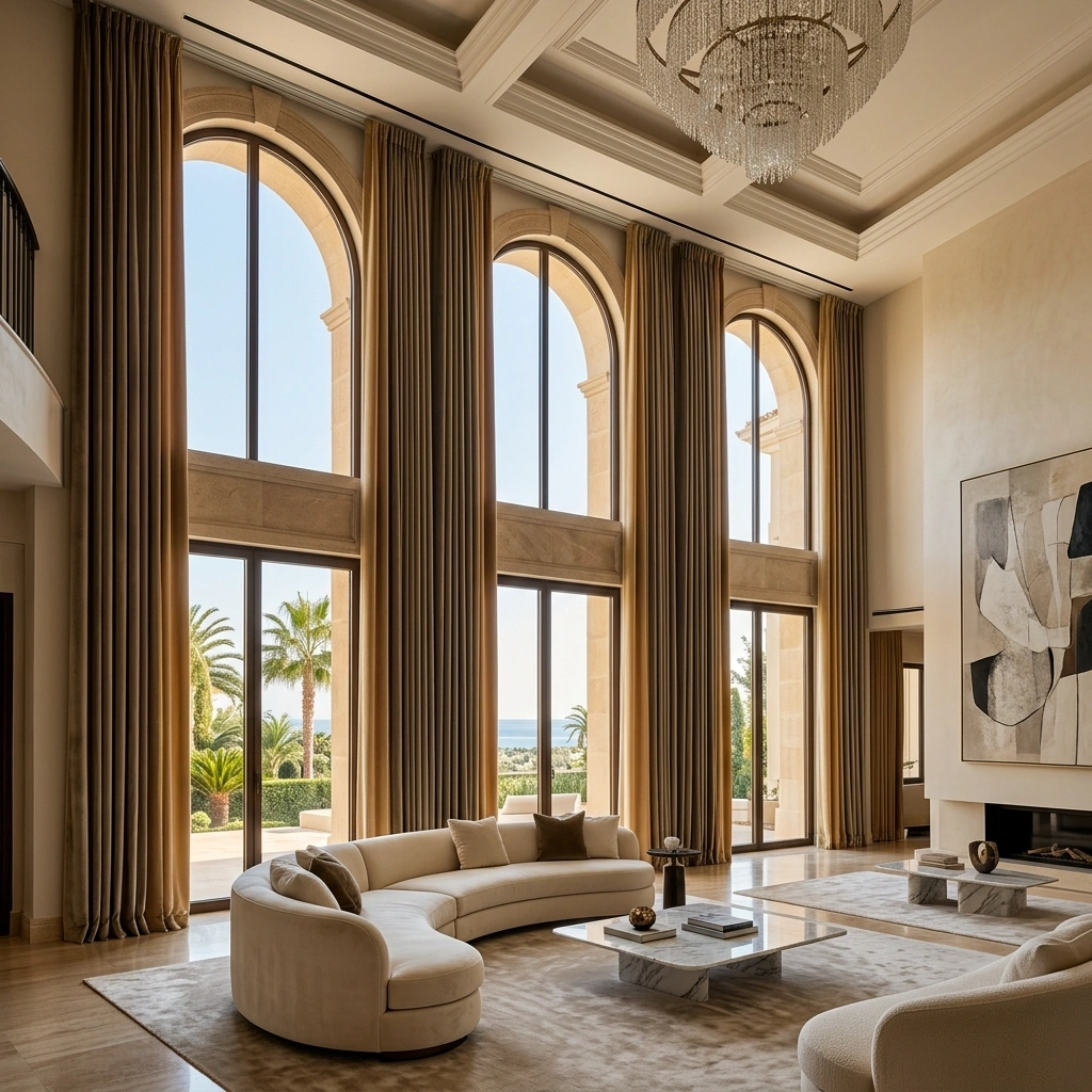 Luxury villa featuring heavy duty remote controlled motorized curtain tracks dubai