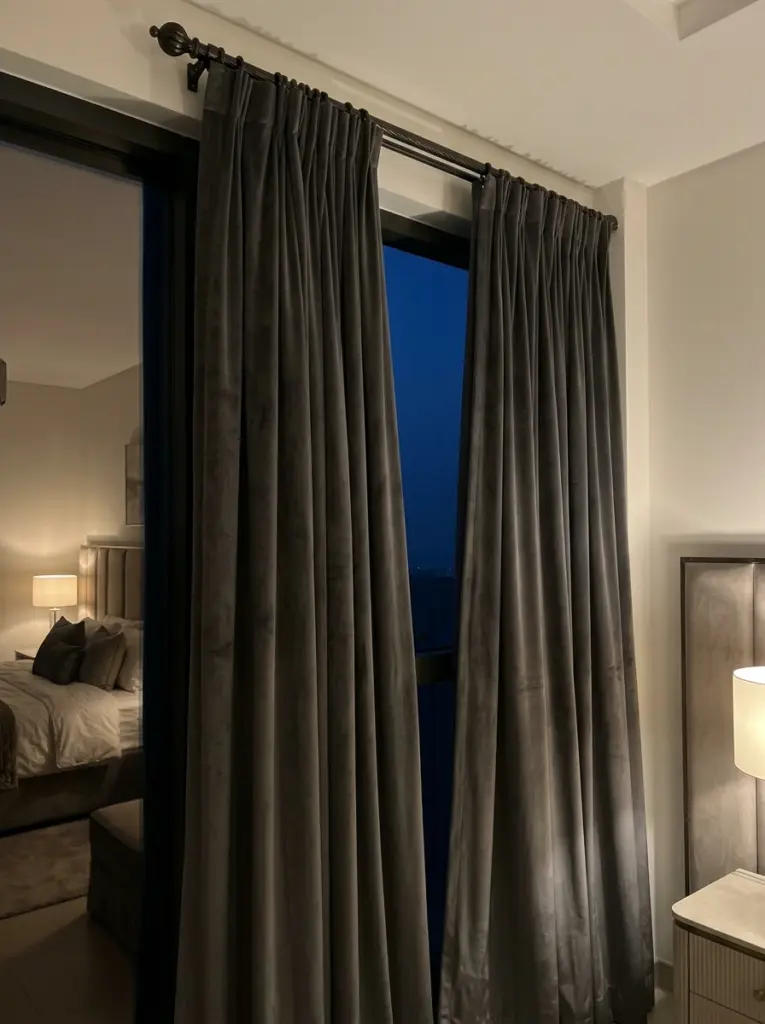 Custom blackout curtains Dubai for total light blockage and sleep comfort.