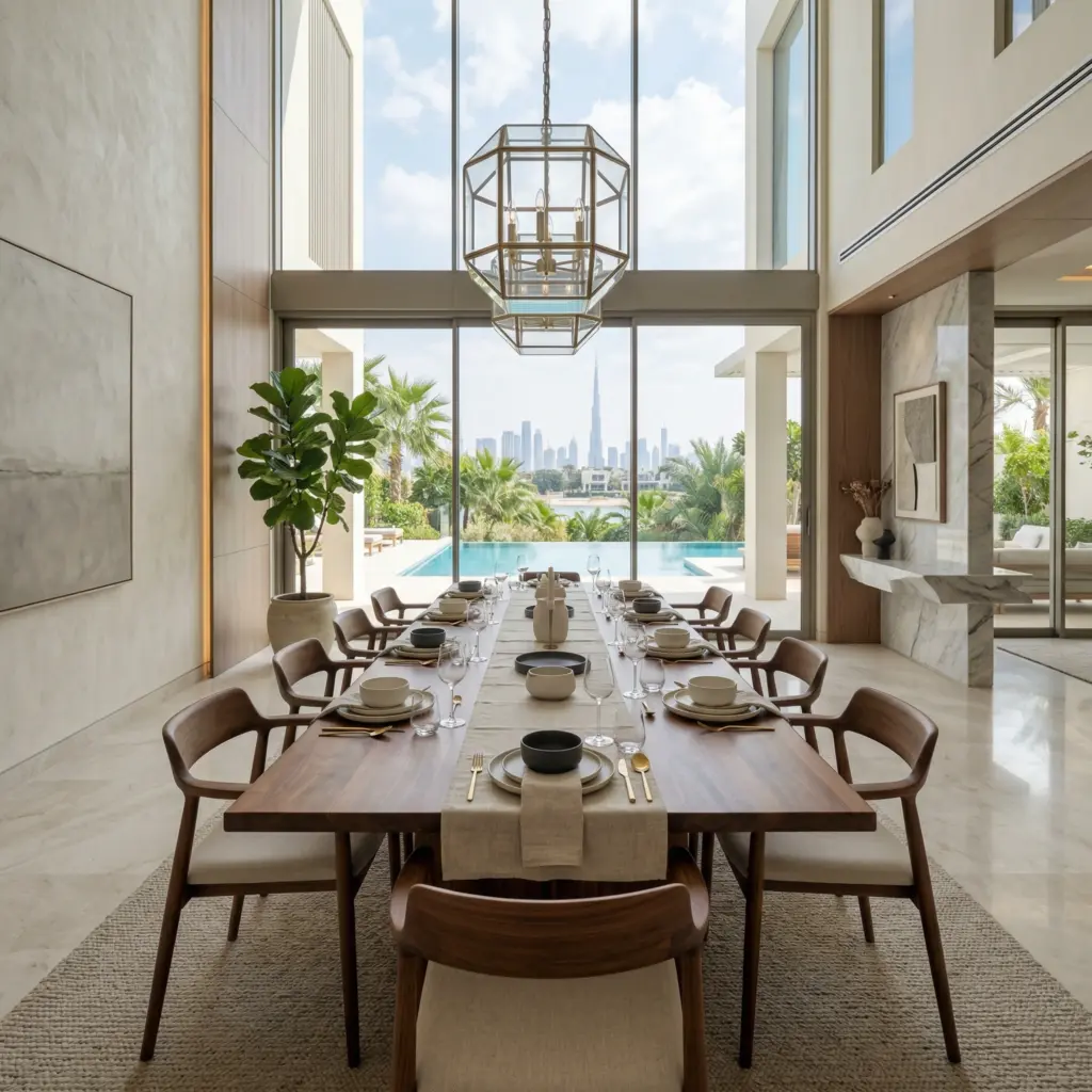 Handcrafted luxury walnut dining table representing premium custom furniture in Dubai for modern villas.