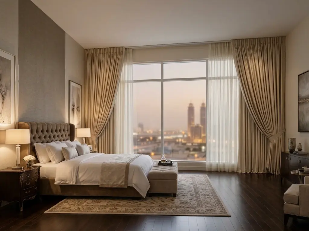 Hotel style layered curtains Dubai for a sophisticated and opulent master suite.