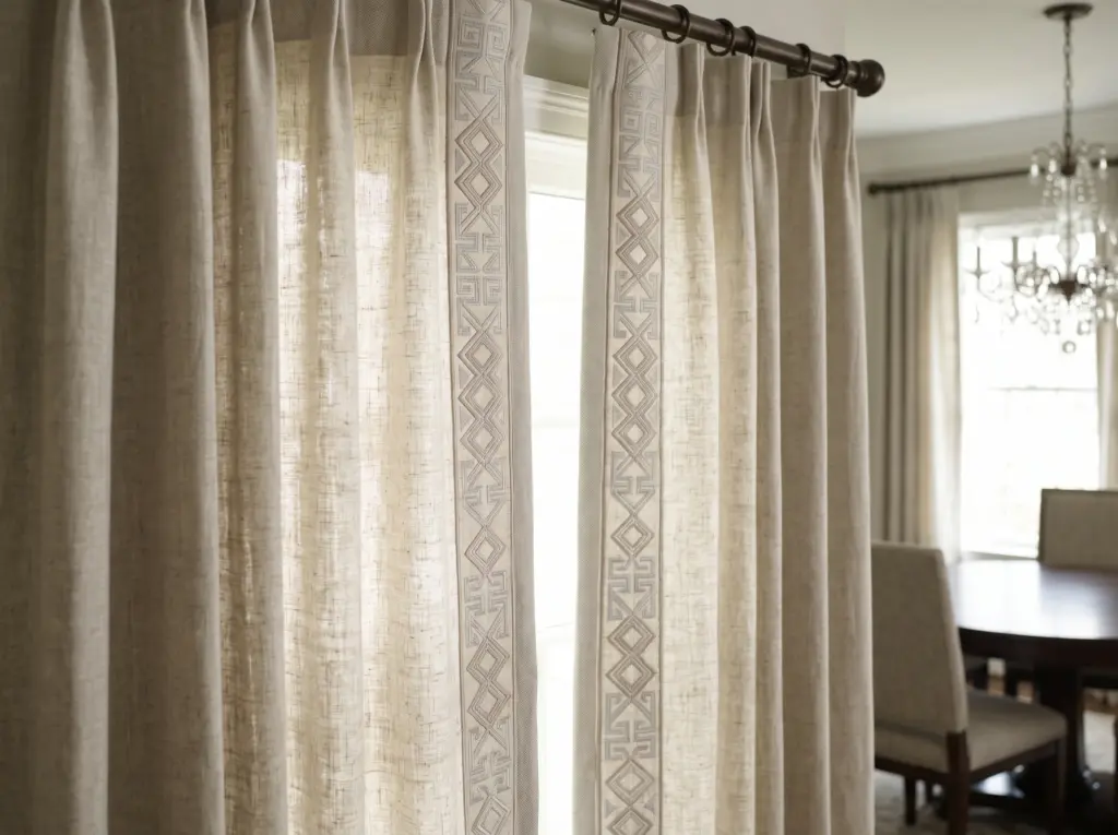 Sophisticated embroidered linen curtains in a formal dining room setting