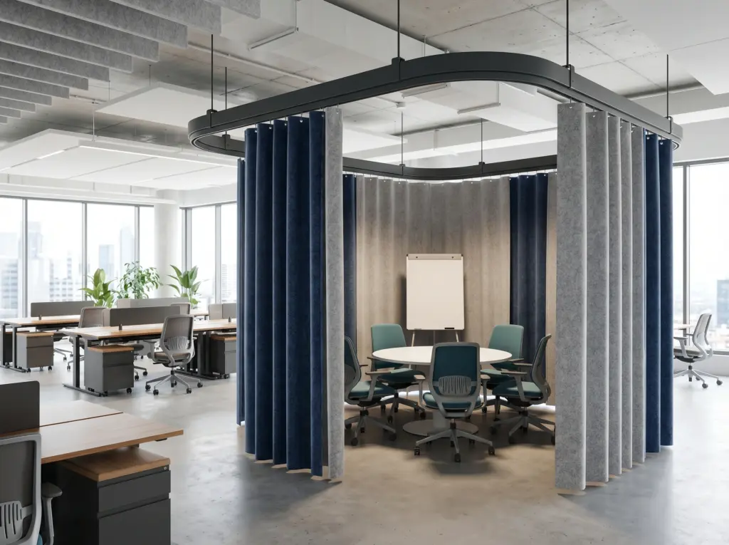 Heavy track suspended textiles acting as flexible privacy room dividers