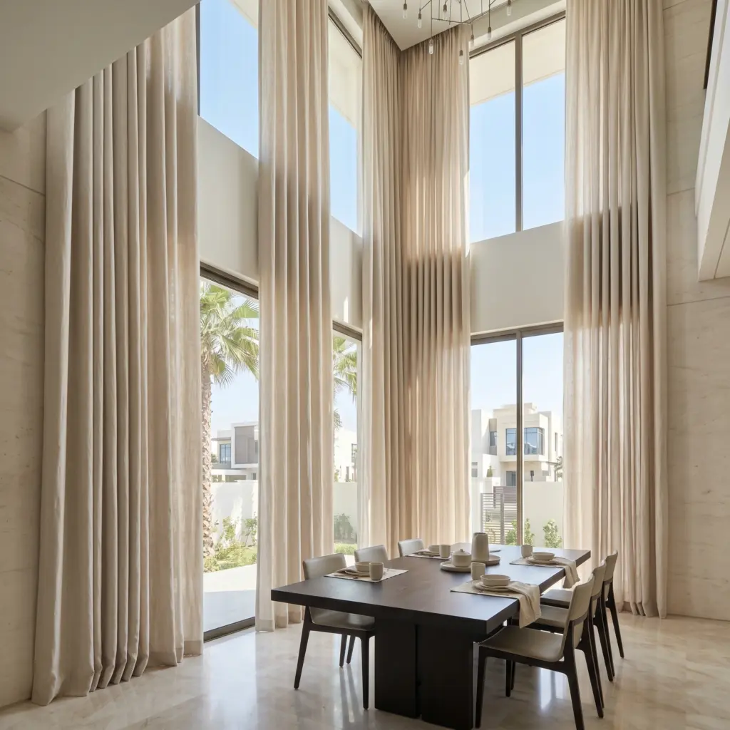 Dramatic floor to ceiling pure natural linen curtains in a luxury UAE villa dining room