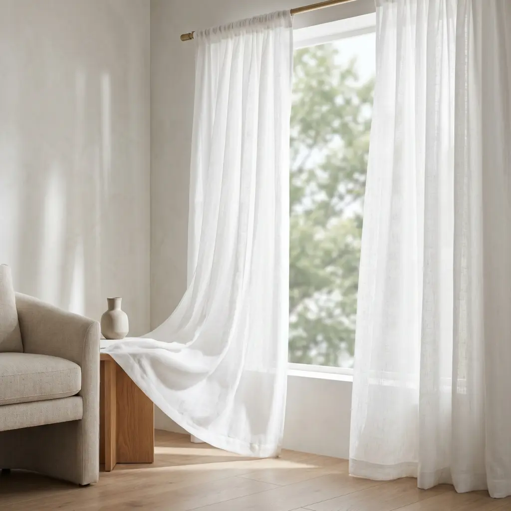 Modern luxury living room corner with expansive windows covered in delicate sheer linen curtains