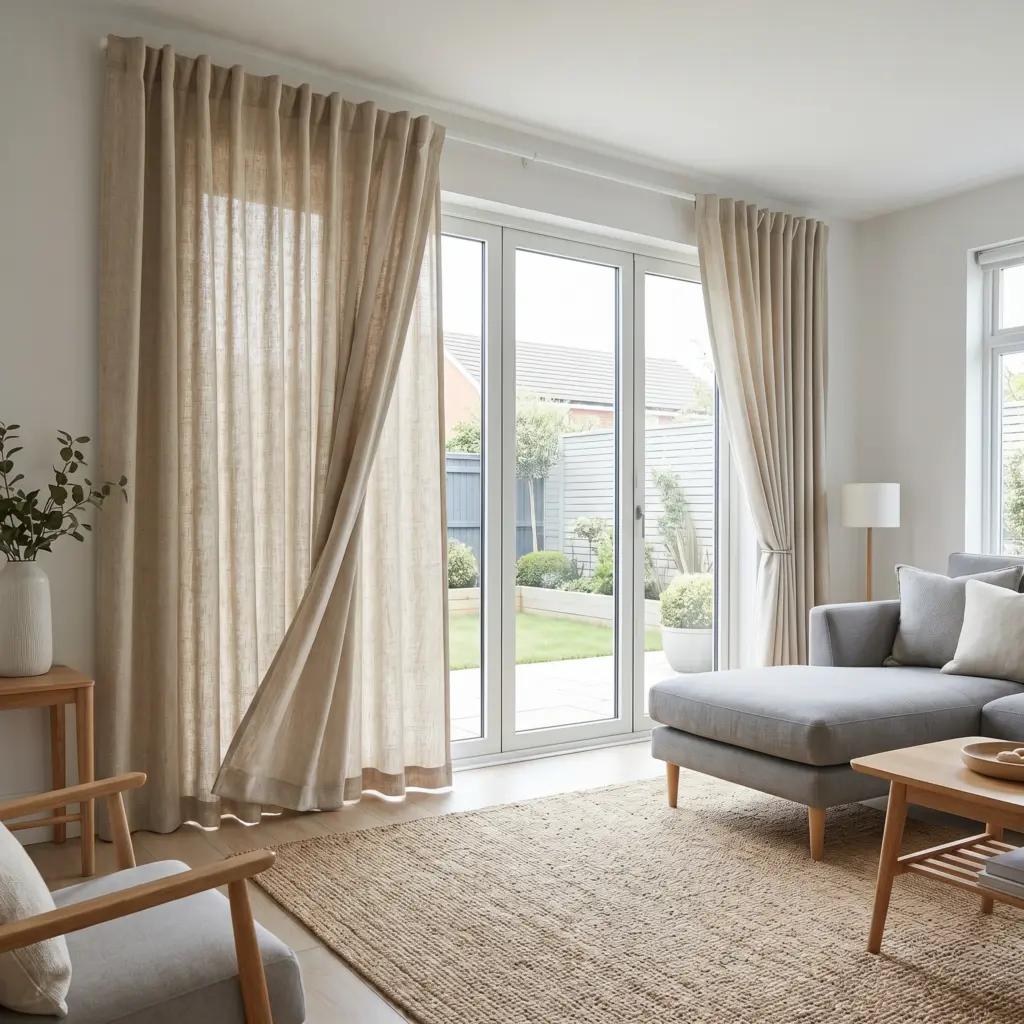 Spacious family room interior with practical yet stylish linen blend curtains