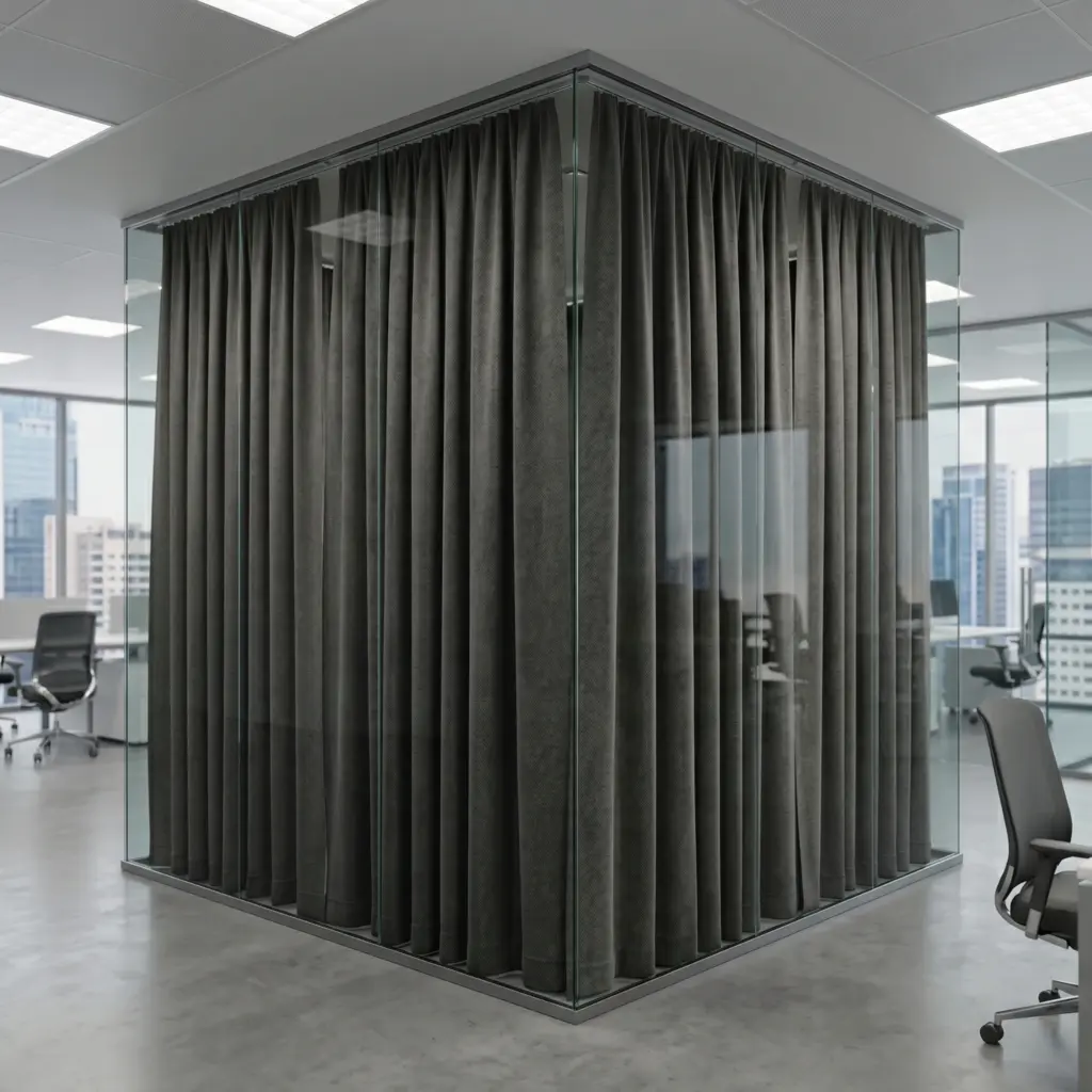 Dense sound dampening drapery improving communication clarity in an office