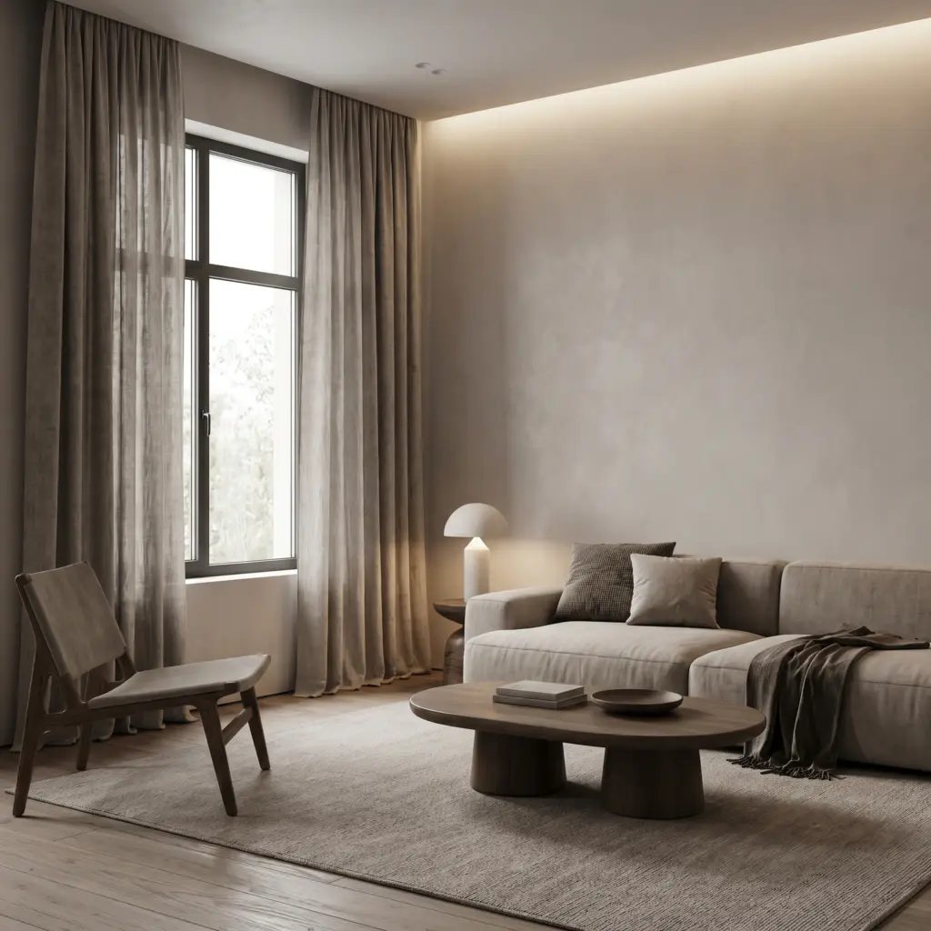 Contemporary living space with rich textured stone washed linen curtains adding warmth