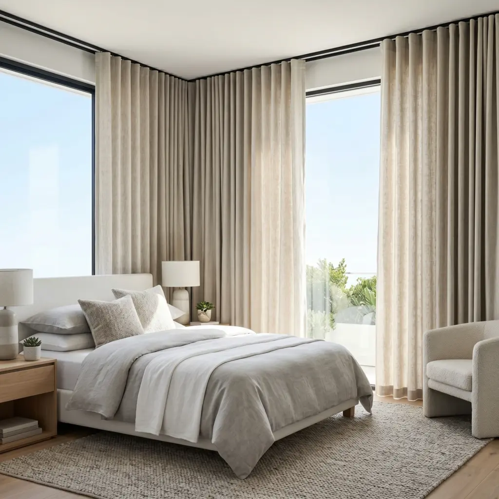 Stylish sunroom interior with premium thermal lined linen curtains blocking harsh sun