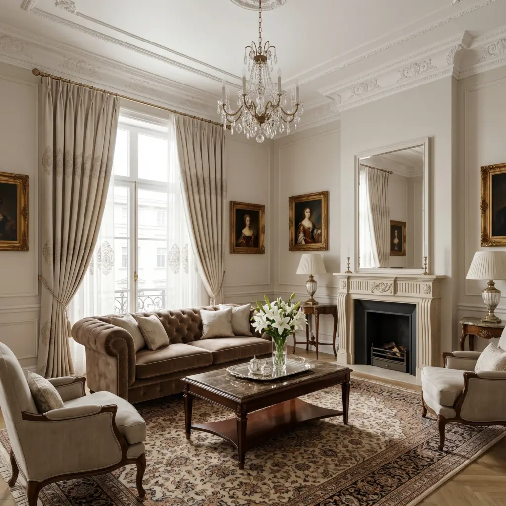 Luxurious formal living room with beautifully tailored embroidered linen curtains