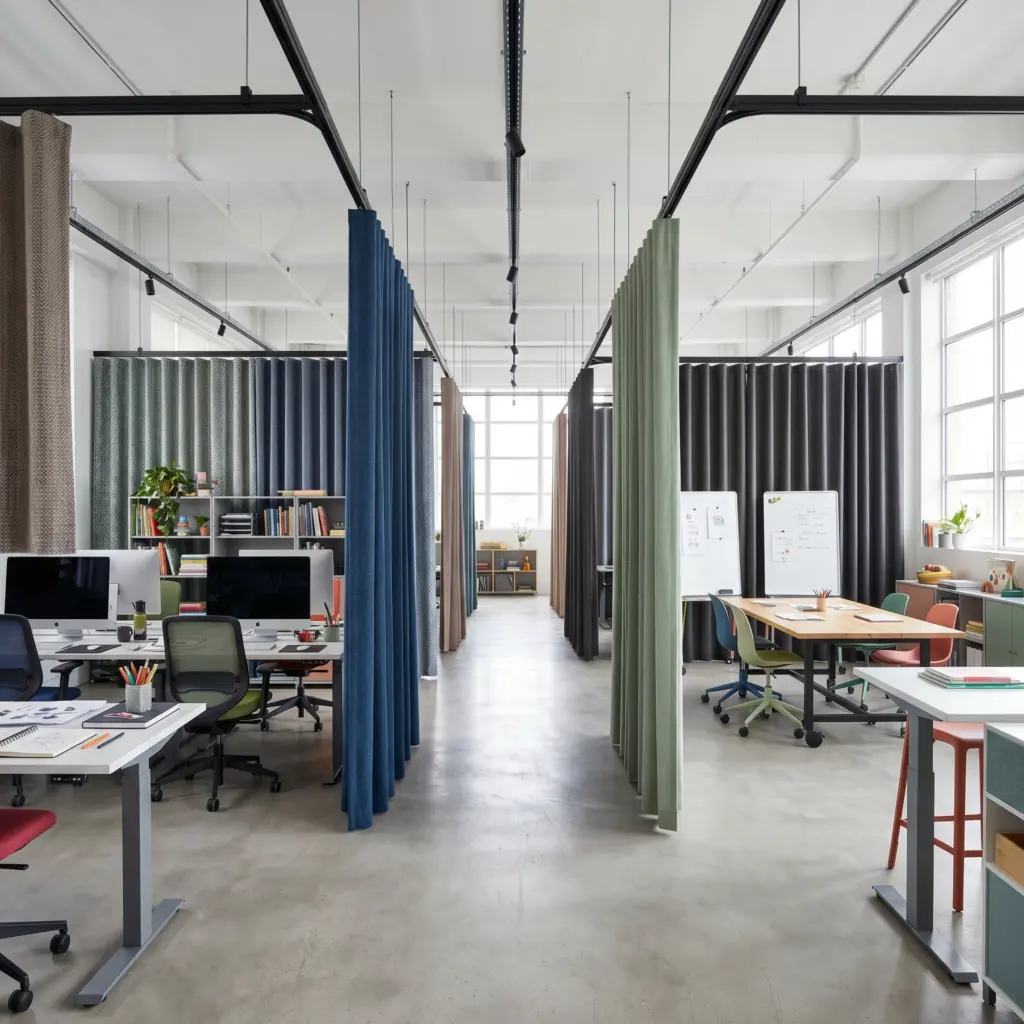 Substantial physical separation created by fabric dividers in a shared studio