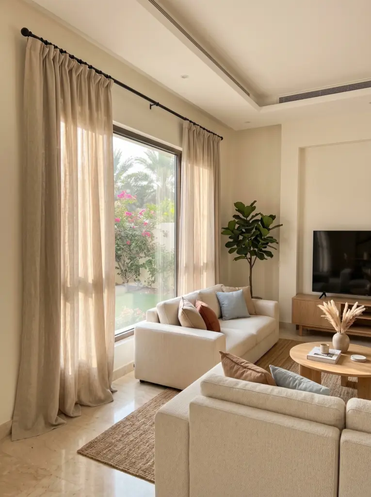 Soft natural linen curtains framing a window in a contemporary UAE living room