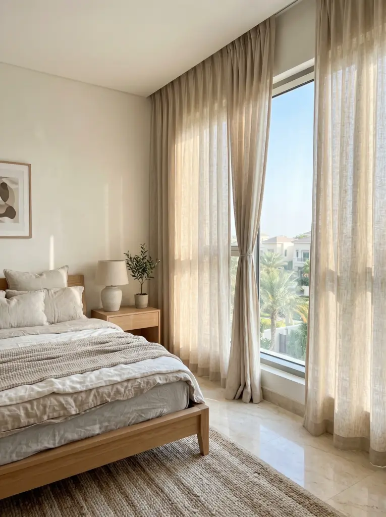 Floor to ceiling pure linen curtains in a serene modern bedroom interior