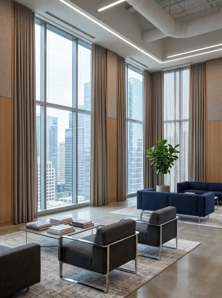 Elegant fire resistant curtains in a contemporary corporate lounge area