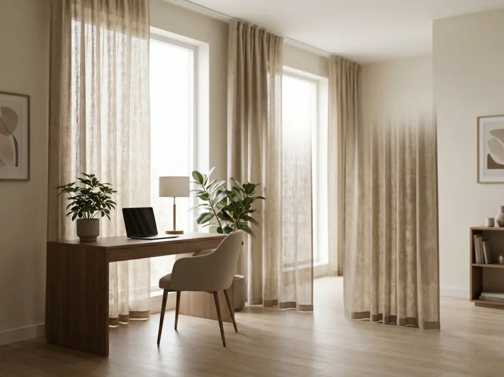 Minimalist home office featuring pure natural linen window coverings