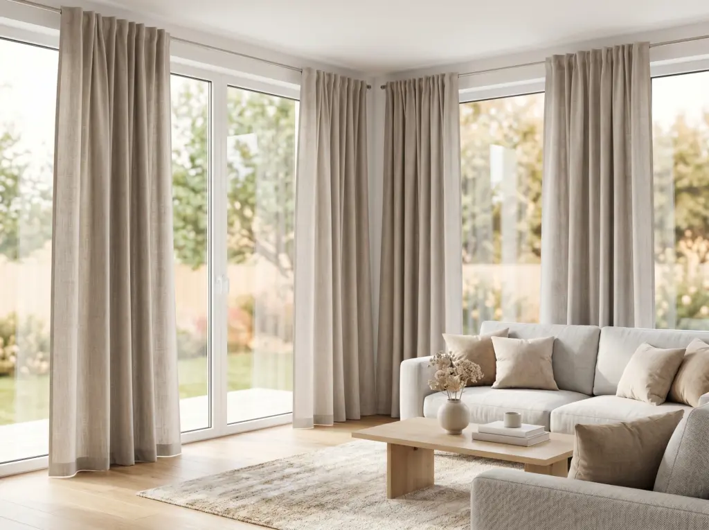 High traffic family living room with durable linen blend curtains