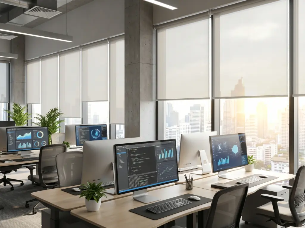 Technical anti glare fabrics blocking reflections in a computer workspace