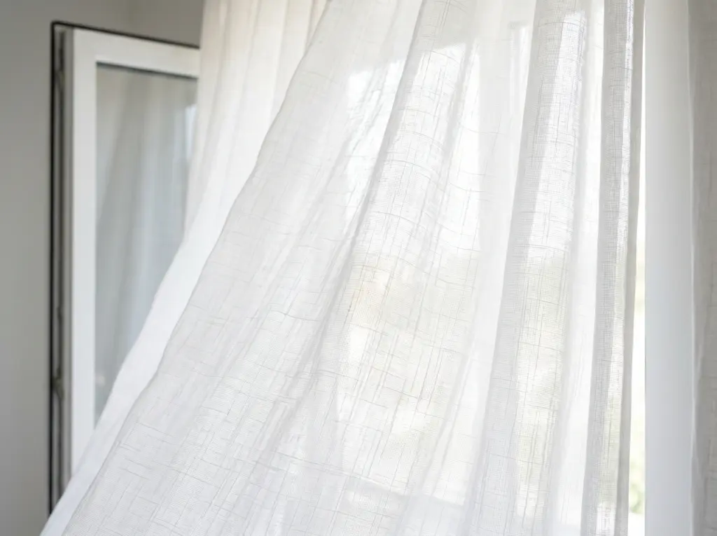 Delicate white sheer linen curtain panels softly filtering daylight