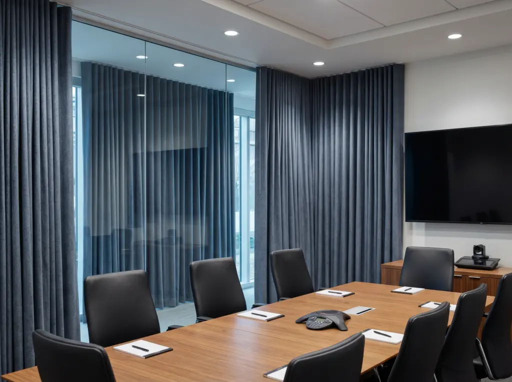 Thick acoustic drapes installed in a quiet conference room