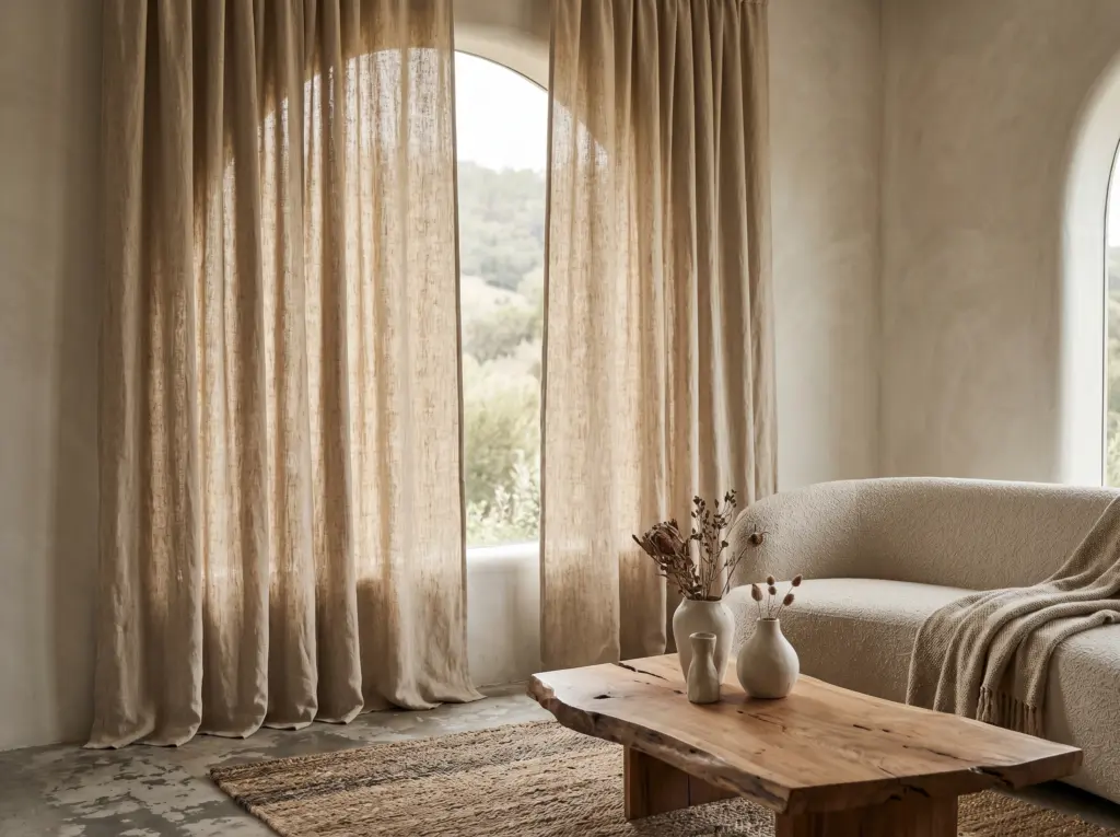 Textured stone washed linen curtains in a modern organic living space