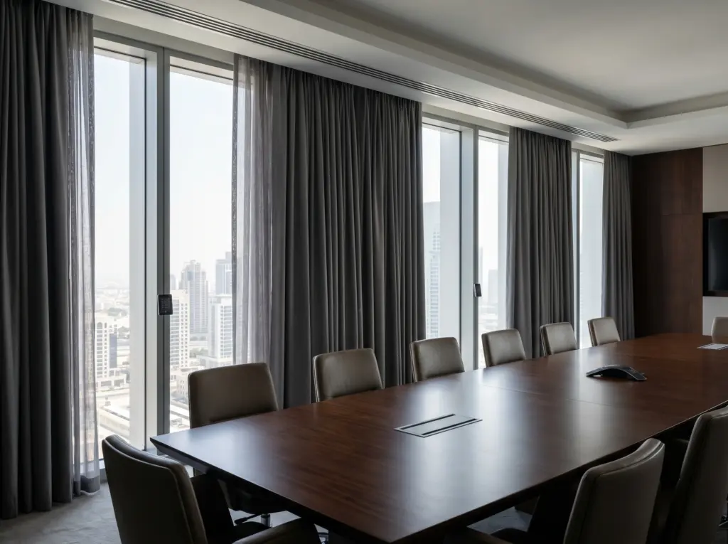Sophisticated motorized curtains in an automated executive boardroom