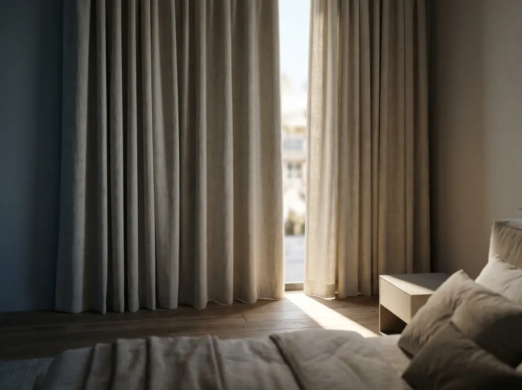 Heavy thermal lined linen curtains providing insulation and light control