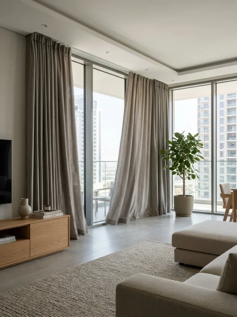 Automated smart curtains installed in a contemporary Dubai living room