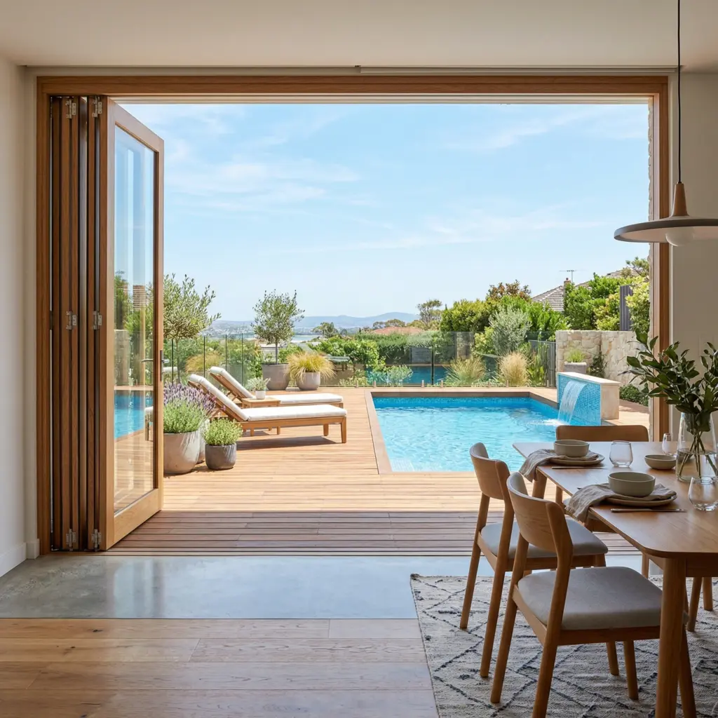Sleek wooden folding doors and bifold glass systems crafted as part of custom furniture in Dubai home solutions.