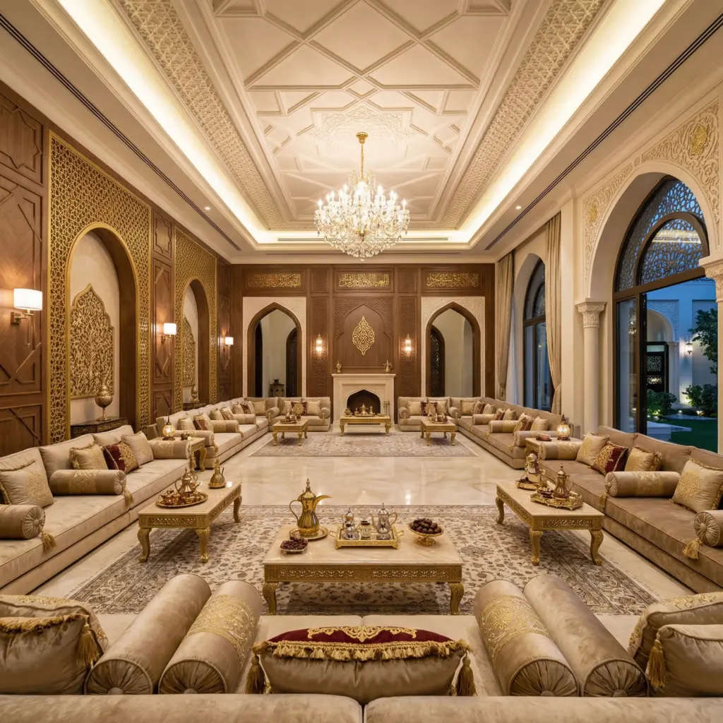 Luxury modern Arabic Majlis floor seating designed by custom furniture in Dubai experts for traditional homes.