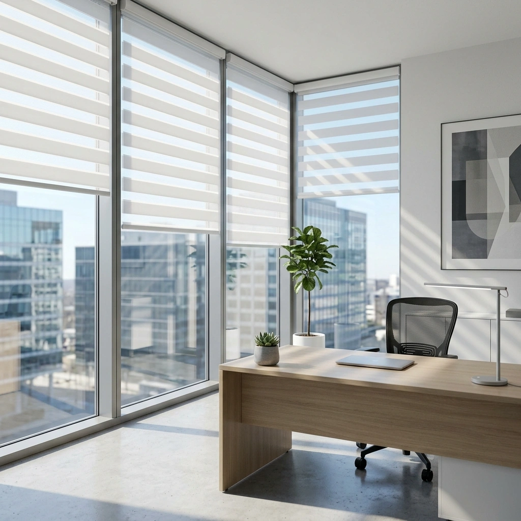 Minimalist modern office space with striped day and night blinds