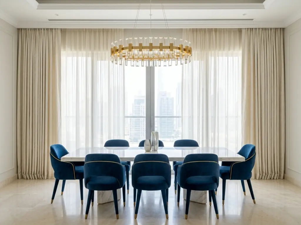 Elegant window dressings for dining rooms in Dubai featuring layered fabrics