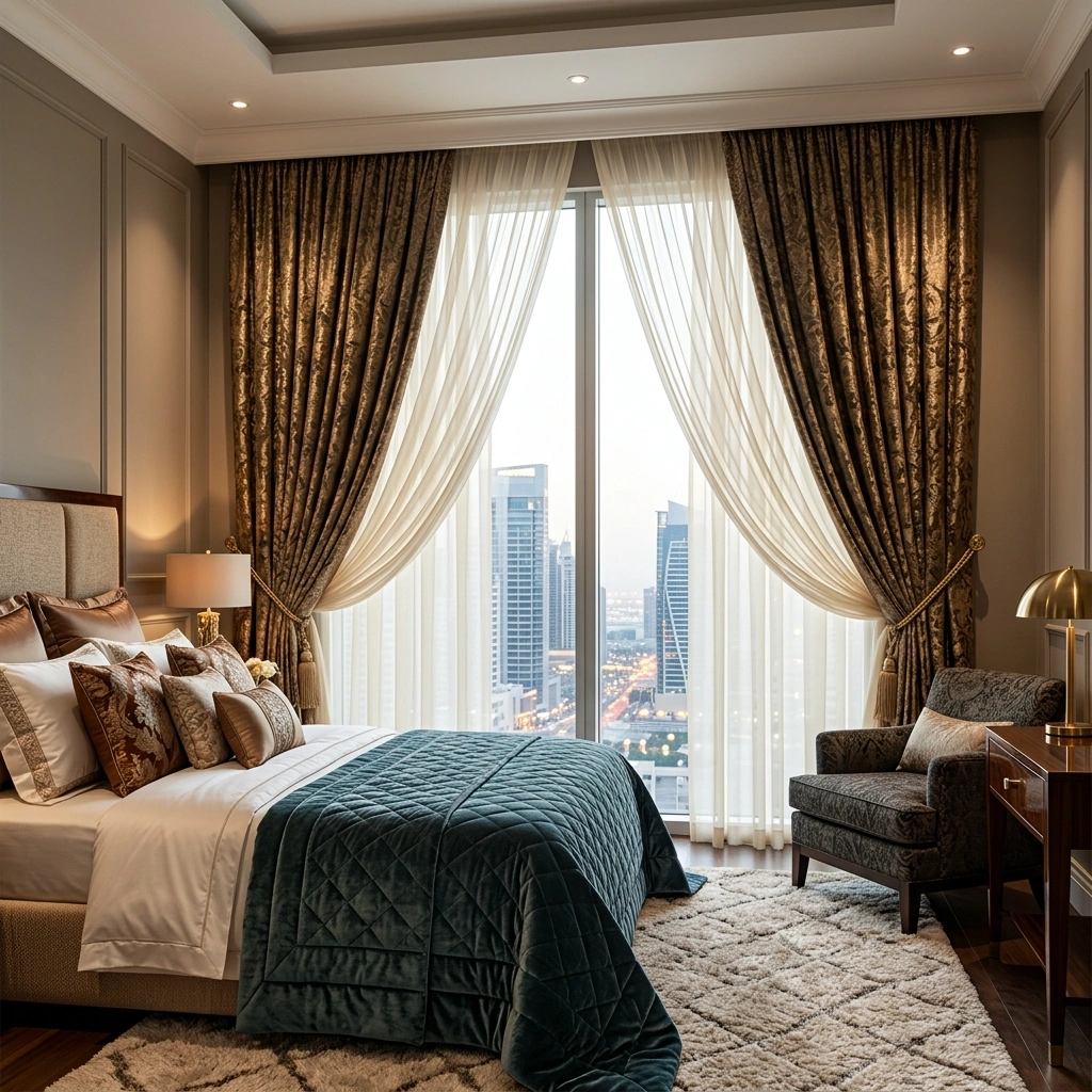 Opulent master suite with rich layered curtain textures and heavy drapes
