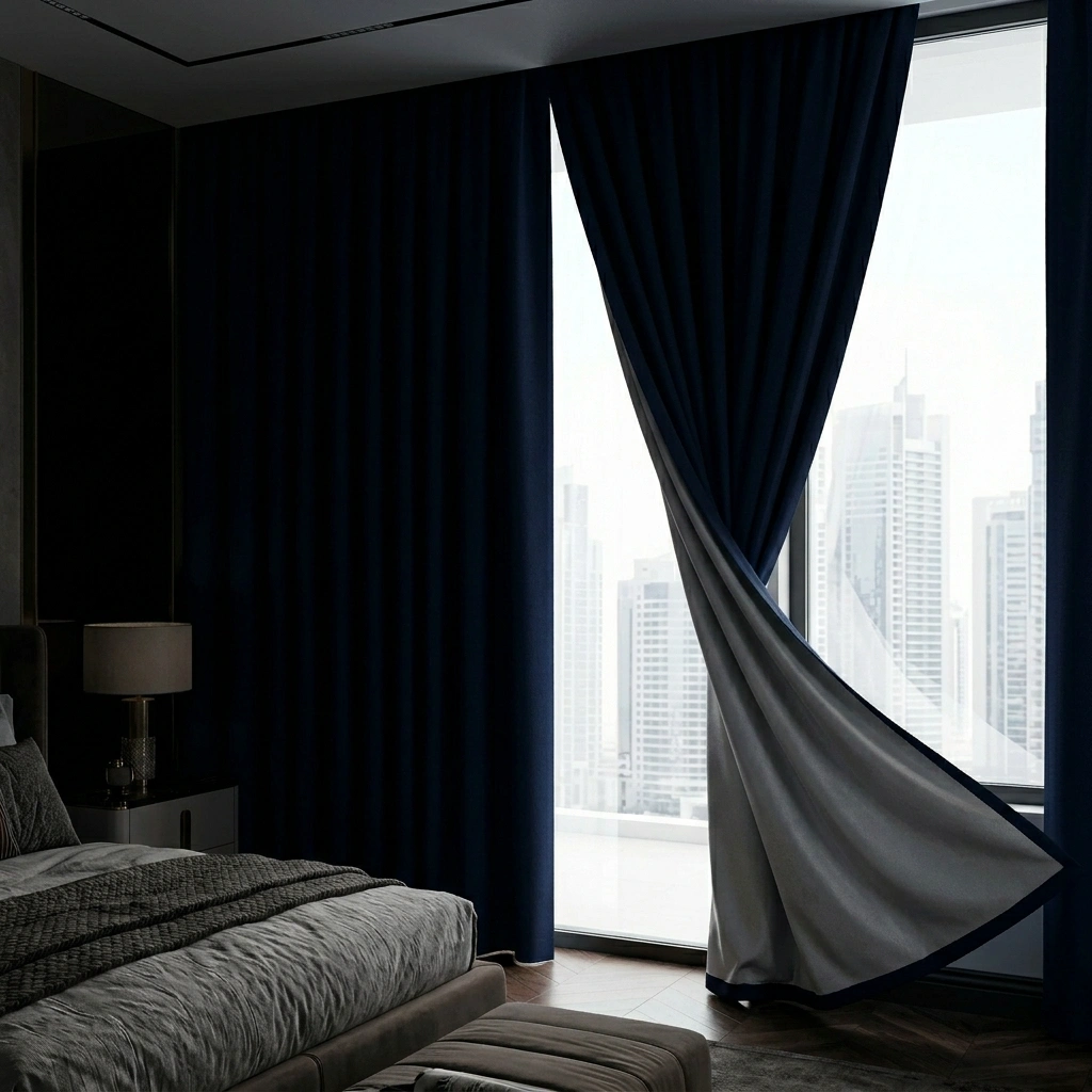 Thick thermal blackout curtains Dubai blocking sunlight