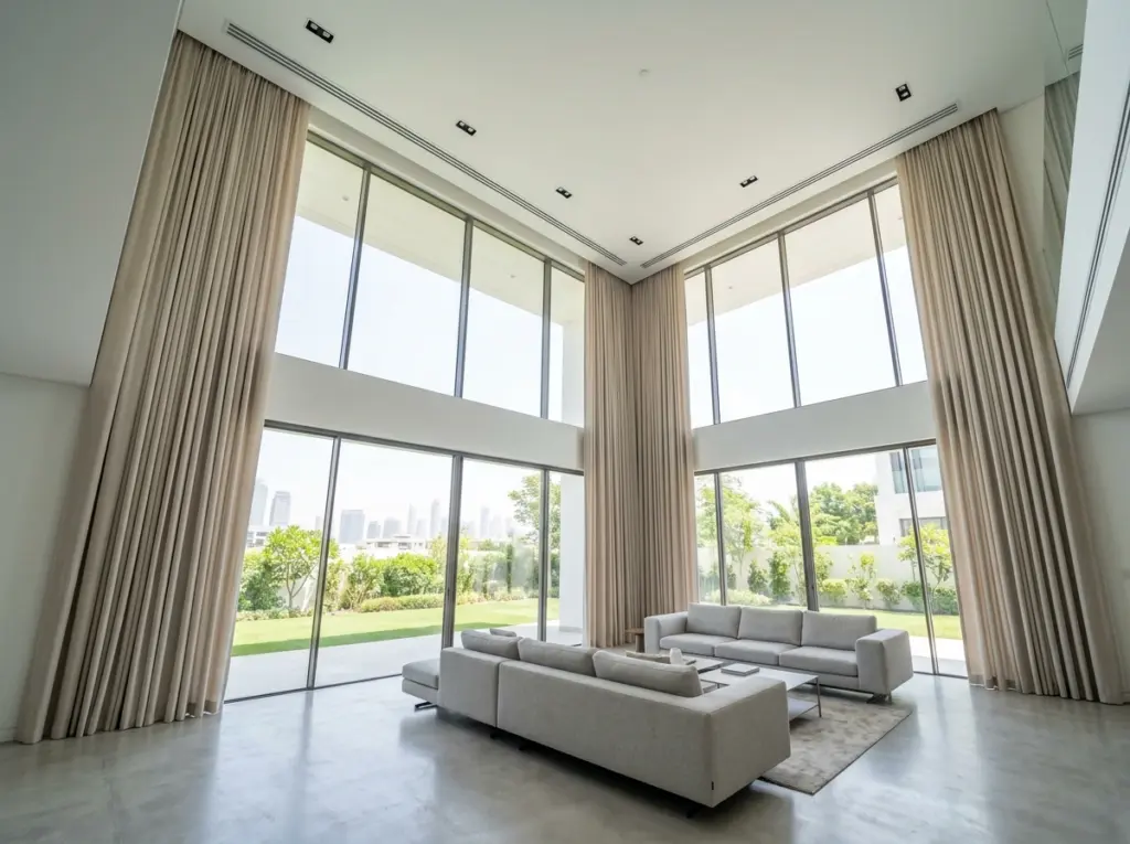 High ceiling living area featuring remote operated motorized curtain tracks