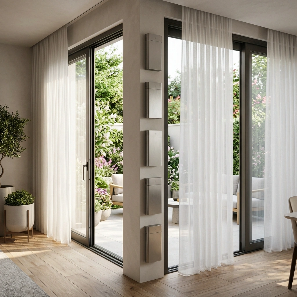 Beautiful indoor outdoor transition space with battery operated motorized curtains dubai