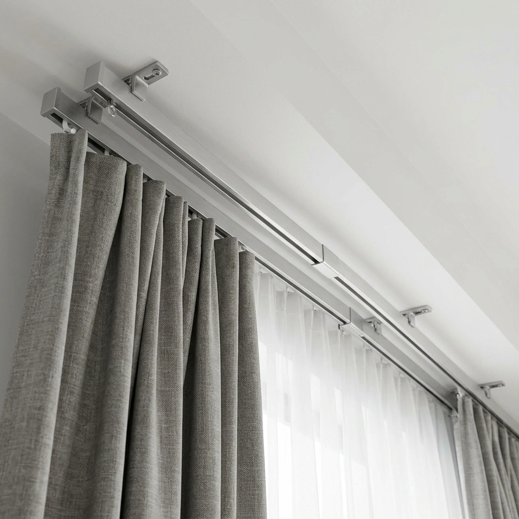 Heavy duty dual tracks mounted securely to a ceiling for curtains