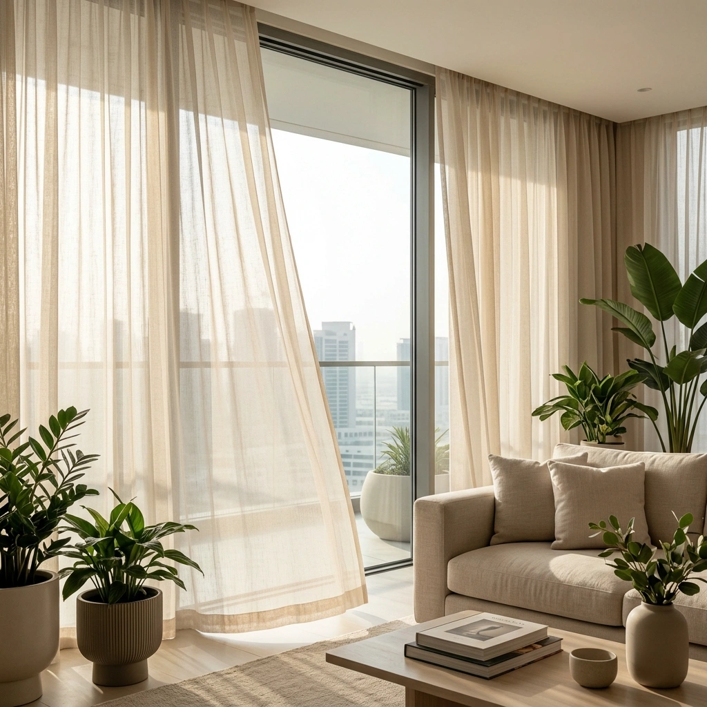 Lightweight sheer linen curtains Dubai diffusing daylight