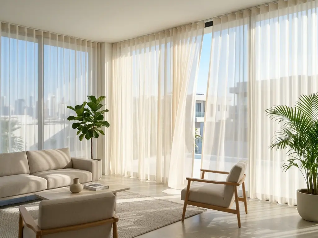 Translucent sheer wave curtains diffusing harsh sunlight in a bright living space.