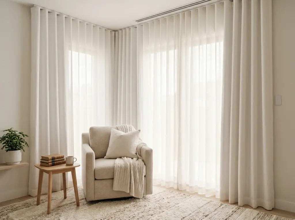Peaceful nursery or reading room with silent motor smart curtains