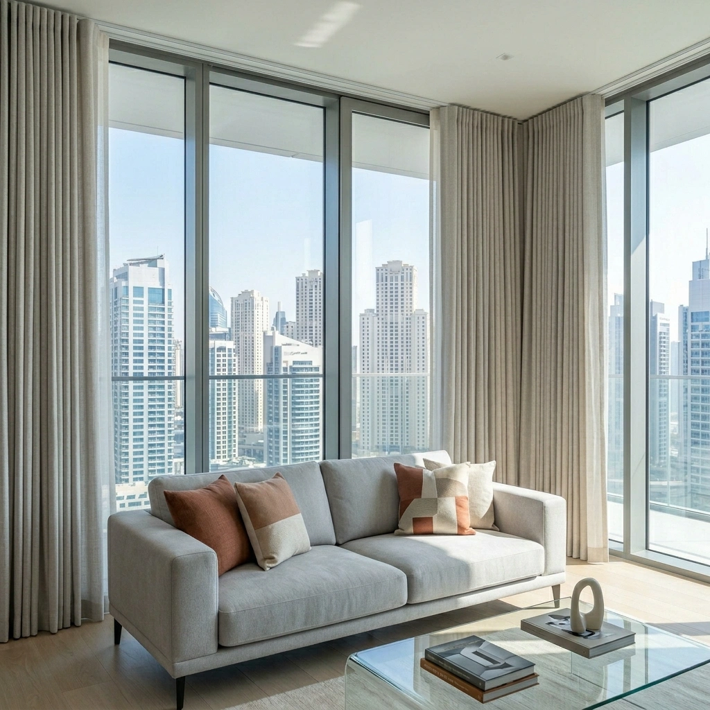 Contemporary apartment living room with smartphone controlled motorized curtains dubai and UAE